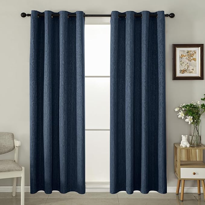 Jacquard Linen Curtains 72 inch Length 2 Panels Thick Faux Linen Blended Window Drapes Burlap Textured Curtains with Grommet for Living Room Bedroom Farmhouse (52x72 Navy) Natural