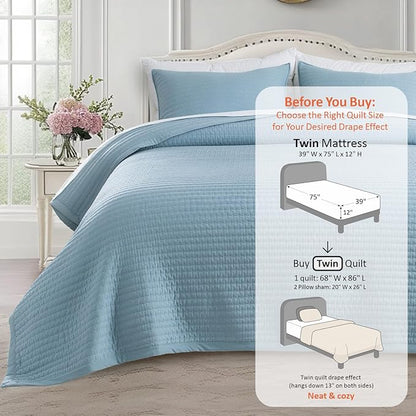 KASENTEX Twin Quilt Set 68"x86" – Soft Washed 3-Layer Lightweight Bedspread, Minimalist Nordic Design, All-Season Spring & Summer Quilt Set (1 Quilt + 2 Pillow Shams), Blue
