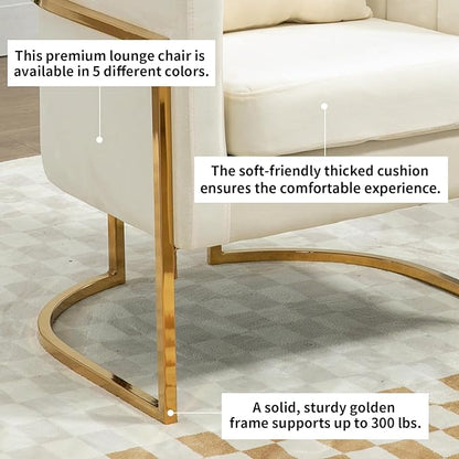 Velvet Modern Accent Chair, Upholstered Barrel Armchair Mid Century with Pillow for Living Room, Comfy Single Vanity Chair with Metal Gold Legs for Bedroom, White