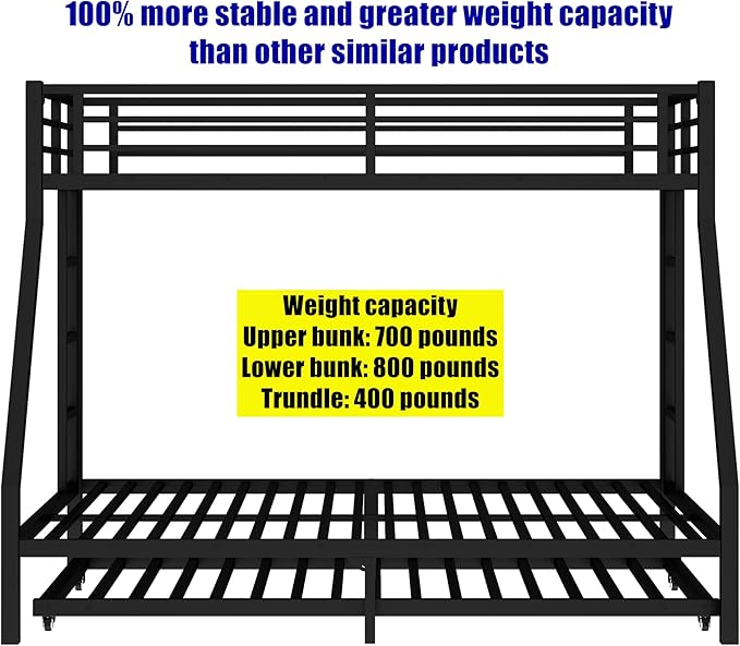 Upgraded & Stronger Heavy Duty Metal Twin XL Over Queen Bunk Bed with Twin Size Trundle for Adults & Teens, Thickened More Stable Safer Bunkbeds (Greater Weight Capacity)