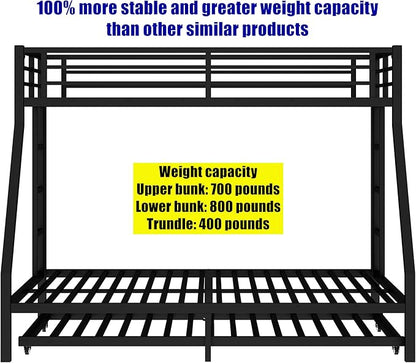 TSAMPA Latest Upgraded & Stronger Metal Bunk Bed Twin XL Over Queen Size, More Stable & Safer Steel Heavy Duty Bunkbed Frame with Twin Size Trundle (Twin XL Over Queen)