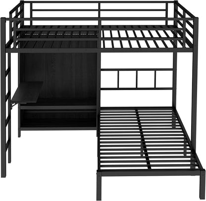 Full XL Over Twin Metal Bunk Bed with Folding Desk, Closet with LED, Space-Saving/Noise Reduced, Black Classic Platform Bed Frame, Easy Assembly YJXW1580S00113