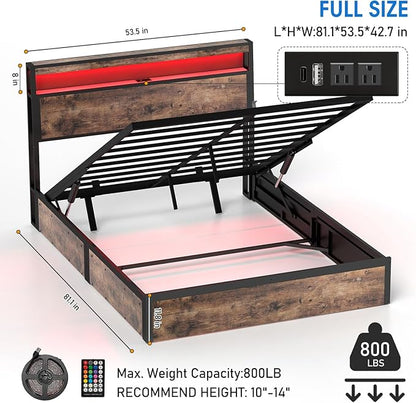 Full Size Lift Up Storage Bed Frame with Charging Station, 2 Tier Wood Storage Headboard with Led Lights, Heavy Duty Metal Slats Support/Hydraulic Storage/Noise-Free/Brown