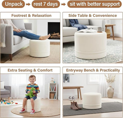 Tiita Round Stuffed Pouf Ottoman, Plush Poufs with Foam Chunk Filling, Foot Rest Stool for Living Room, Cream