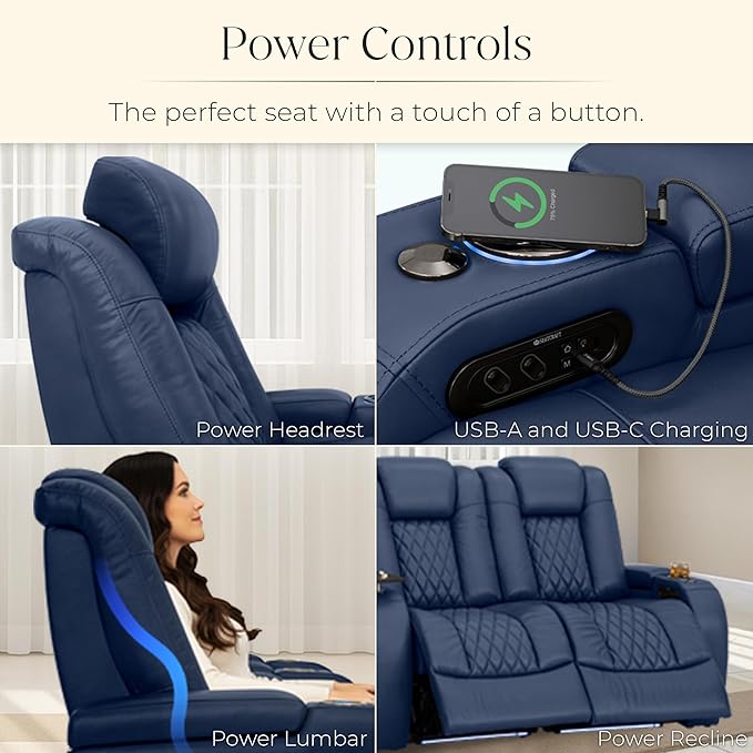 Seatcraft Diamante Zero-Gravity CoolZero Italian Leather Home Theater Seating, Power Headrest, Power Recline, Row of 4 Sofa, Navy Blue