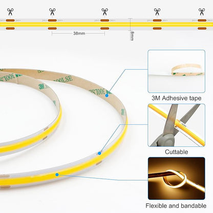 COB LED Strip Lights with RF Remote, 24V 32.8ft Warm White Dimmable LED Light Strips, High Bright 2700K LED Lights with Power Supply for Room, Kitchen, DIY Home Decoration