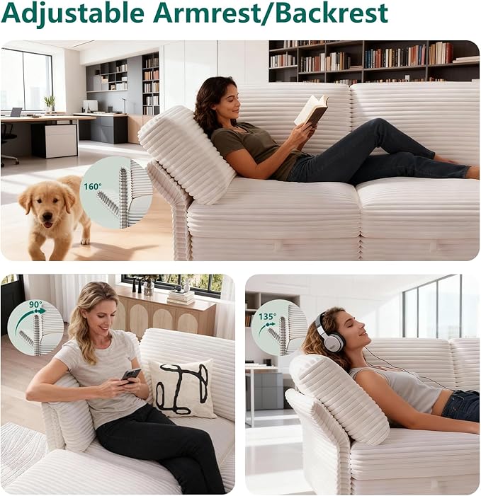 Modular Sectional Sofa with Adjustable Backrest,Large Convertible L/U-Shaped Sleeper Couch for Living Room,Cloud Sofa Bed Modern Reversible Design,White