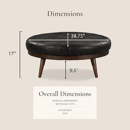 POLY & BARK Gio Ottoman – 30” Round with Feather-Down Topper – Full-Grain Leather Upholstery – Couch Ottoman for Living Room – Italian Leather in Onyx Black