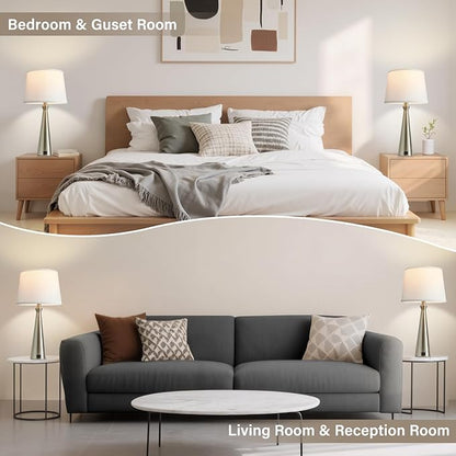 Seealle Modern Table Lamps Set of 2 - Touch Bedside Lamp for Nightstand with Dual USB C+A,3-Way Dimmable Silver Nightstand Lamps for Living Room Bedroom End Table with White Shade(Bulb Included)