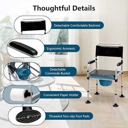 Goplus 4-in-1 Folding Bedside Commode, 440lbs Commode Chair for Toilet with Arms, Padded Seat, Height Adjustable Bedside Toilet, Shower Chair, Adult Potty Chair for Seniors Elderly Disabled Bariatric