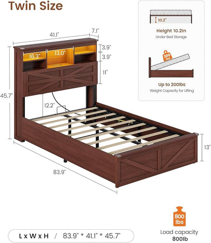 AOGLLATI Farmhouse Twin Bed Frame with Lift Up Storage & Hidden Bookcase Storage Headbord, Wood Bed Frame Twin with Charging Station, Led Lights, No Box Spring Needed, Brown