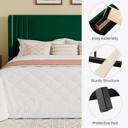 SHA CERLIN King Size Velvet Upholstered Platform Bed Frame with Vertical Channel Tufted Wingback Headboard, Wooden Slats Support, Easy Assembly, Under Bed Storage, No Box Spring Required, Green