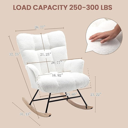 Rocking Chair Nursery Teddy Upholstered Glider Rocker Rocking Accent Chair Padded Seat with High Backrest Armchair Comfy Side Chair for Living Room Bedroom Offices (White Teddy)