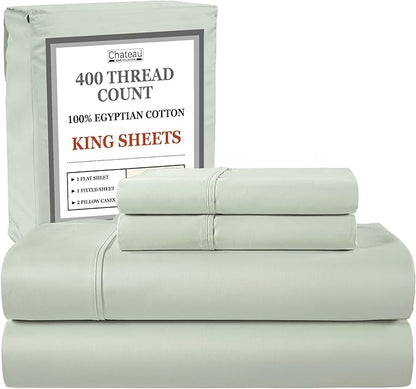 100% Cotton 400 Thread Count King Size Sheets Set, 15" Deep Pocket King Sheets & Pillowcases, 4 Piece Soft Breathable Naturally Cooling Luxury Bedding, Machine Washable- Mineral