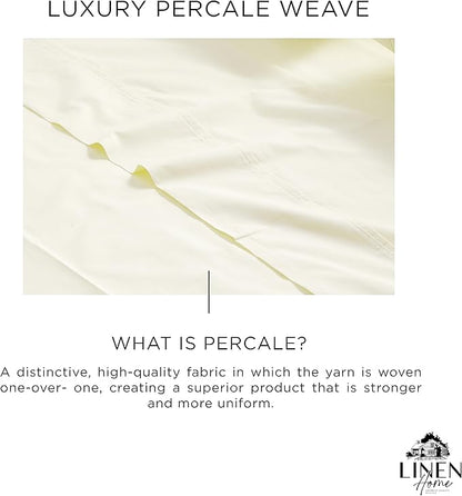 Linen Home 100% Cotton Percale Sheets Full Size, Cream, Deep Pocket, 4 Pieces Set - 1 Flat, 1 Deep Pocket Fitted Sheet and 2 Pillowcases, Crisp Cool and Strong Bed Linen
