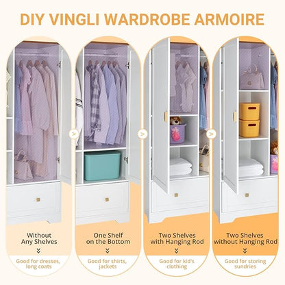 VINGLI 38" Wide Wardrobe Closet, White Armoire Wardrobe with Hanging Rod, Shelves and Drawer, Freestanding Closet Armoire Cabinet,Armoires and Wardrobes with Doors for Bedroom,Dorm,21"D x 38"W x 65"H