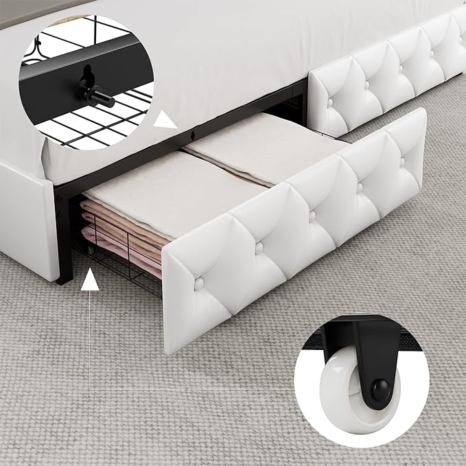 Keyluv Queen Upholstered LED Bed Frame with 4 Drawers, Pu Leather Platform Storage Bed with Adjustable Button Tufted Headboard and Solid Wooden Slats Support, No Box Spring Needed, White