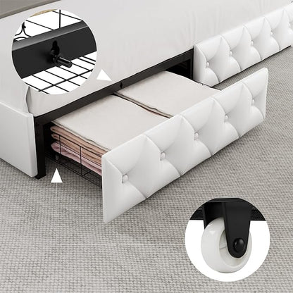 Keyluv Queen Upholstered LED Bed Frame with 4 Drawers, Pu Leather Platform Storage Bed with Adjustable Button Tufted Headboard and Solid Wooden Slats Support, No Box Spring Needed, White