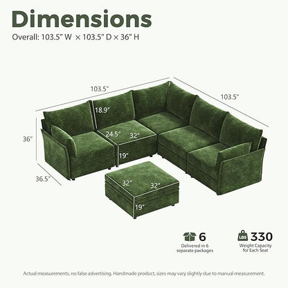 ABCASA 103.5" Oversized Modular Sectional Sofa, L Shaped Convertible Couch with Movable Ottoman, Large 6 Seat Corner Couches for Living Room Deep Seat- Green Chenille