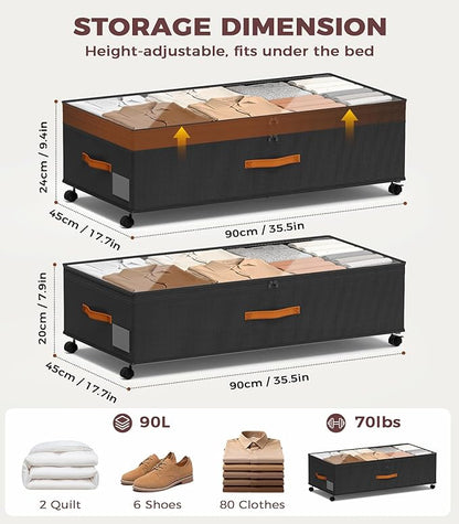 Under Bed Storage, 35.5 inches Under Bed Storage with Wheels, Large Capacity UnderBed Containers with Clear Lids, 2Pcs Rolling Under the Bed Storage for Clothes, Shoes, Blankets (Deep Black)