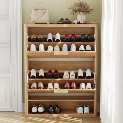 Fluted Shoe Cabinet Storage with 2 Flip Drawers, Narrow Shoe Storage Organizer for Entryway, Hidden Slim Wooden Shoe Rack Cabinet for Front Door Entrance, Hallway, Living Room (2-Drawer, Oak)