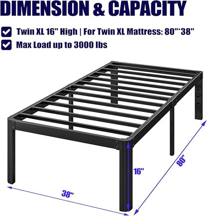 Hunlostten 16" Twin XL Heavy Duty Bed Frame No Box Spring Needed, Metal Twin XL Platform Bed Frame with Round Corners, Easy Assembly, Noise Free, Black