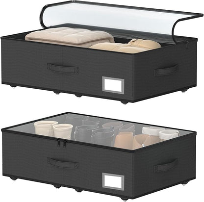 Underbed Storage Bins with Wheels, No Assembly Required - 7.5 inch height Black Large Capacity Rolling Underbed Containers for Shoes, Dorm under bed storage drawers