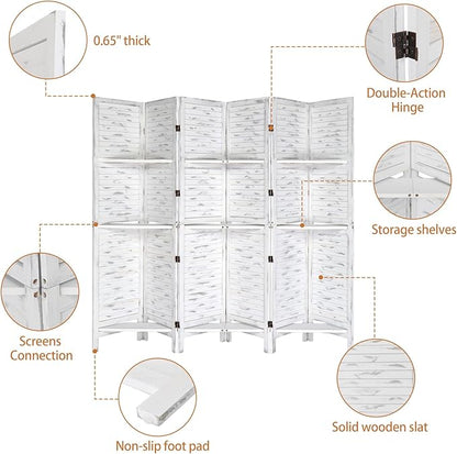 Bonnlo 6 Panels Wood Room Divider with Shelves, 6 FT Height Folding Privacy Screens, Indoor Freestanding Room Partition Wall Divider, Hinged Space Separator (Grey, 6 Panel)