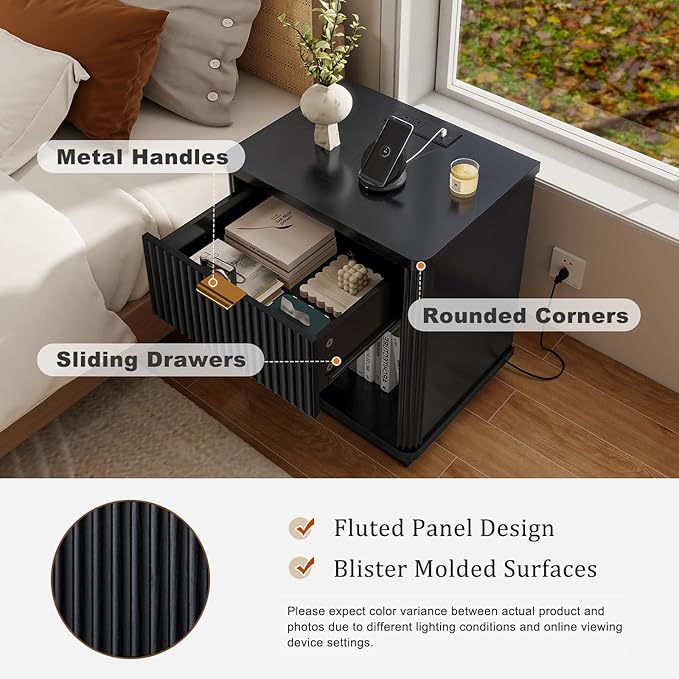 LYNCOHOME Fluted Nightstand with Charging Station, Bedside Table for Bedroom with 1 Drawer Storage, Side Table for Bedroom（Black）