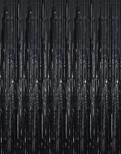 GOER 3.2 ft x 9.8 ft Black Photo Backdrop Party Streamers for Halloween,Birthday Party,1 Pack Black Metallic Tinsel Foil Fringe Curtains Party Decorations Wedding Decor