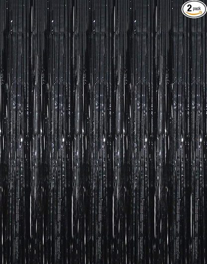 GOER 6.4 ft x 9.8 ft Metallic Tinsel Foil Fringe Curtains,Pack of 2 Party Streamer Backdrop for Birthday,Graduation Decorations and New Year Eve (Black)