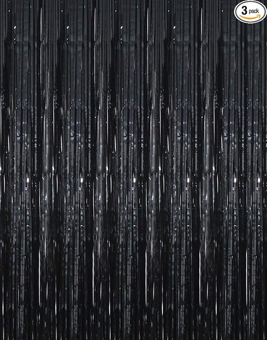 GOER 3.2 ft x 9.8 ft Metallic Tinsel Foil Fringe Curtains Party Photo Backdrop Party Streamers for Halloween,Birthday,Graduation,New Year Eve Decorations Wedding Decor (3 Packs,Black)