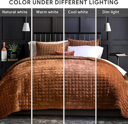 RECYCO Luxury Velvet Quilt Set King Size Bedding Sets, Ultra Soft Velvet Comforter Set, Lightweight Oversized Bedspread Quilted Coverlet for All Season, with 2 Pillow Shams, Rusty Burnt Orange