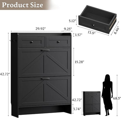 Shoe Storage Cabinet for Entryway, Farmhouse Narrow Shoe Cabinet with 2 Flip Drawers & Top Drawers, Adjustable Shelves & Hooks, Freestanding Hidden Rack Organizer for Hallway, Foyer