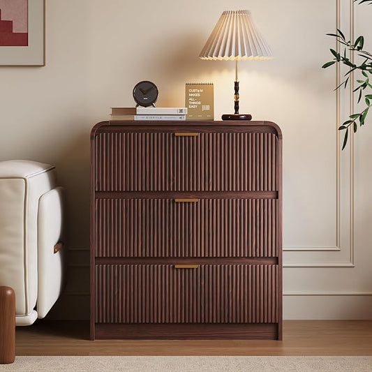 FURSUN 32" Tall Fluted Nightstand, 3 Drawers Wooden End Table w/Storage, Curved Profile Design, Modern Bedside Table for Bedroom, Dark Walnut