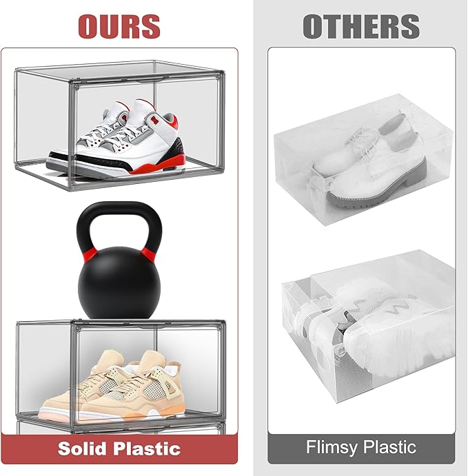 4 Pack Grey Large Shoe Storage Boxes Clear Plastic Stackable Shoe Display Case with Magnetic Door, Easy Assembly Fit up to US Size 13