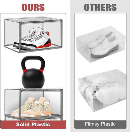 4 Pack Grey Large Shoe Storage Boxes Clear Plastic Stackable Shoe Display Case with Magnetic Door, Easy Assembly Fit up to US Size 13