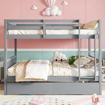 Full Over Full Bunk Bed with Storage Drawers,Convertible Bunk Beds with Ladder & Safety Guardrails,Full Size Bunk Beds for Kids Girls Boys,Grey