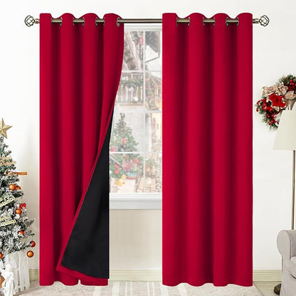 BGment Christmas 100% Blackout Curtains Thermal Insulated with Liner for Living Room Decoration - Grommet Double Layer Energy Saving Bedroom Curtain Drapes (52 x 84 Inches, Red, 2 Panels)