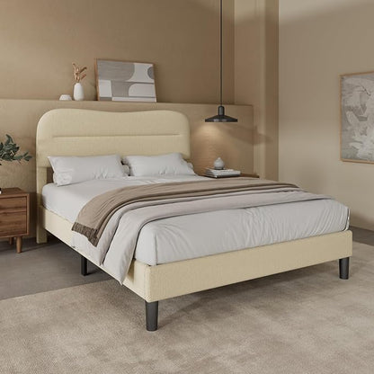 Full Size Bed Frame, Upholstered Cloud Bed Frame with Headboard, Teddy Soft Rounded Corners Boucle Fabric Bed Frame Full, Modern Style, Beige