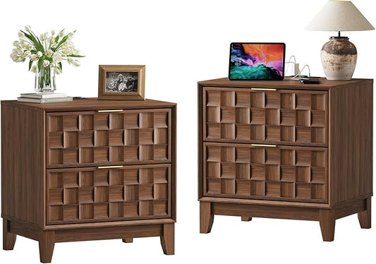 COLAMY Night Stand Set of 2, Nightstand with Charging Station, 22" Modern Bed Side Table with 2 Storage Drawers and Chessboard Relieffor Bedroom, Dorm and Small Spaces - Walnut