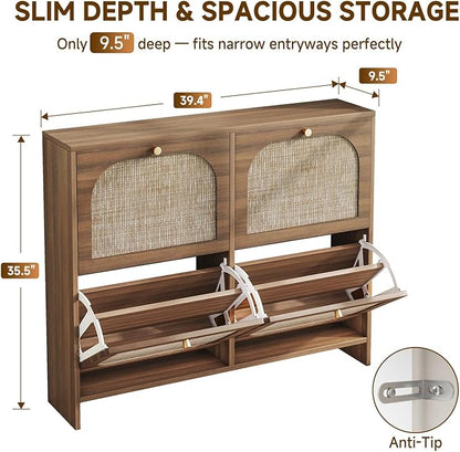 Nicetree Freestanding Ultra Slim Arched Rattan Accent Shoe Storage Cabinet for Entryway - 4 Flip Drawers & 3-Tier Adjustable Shelves, Farmhouse Modern Rustic Shoe Rack for Hallway, Foyer