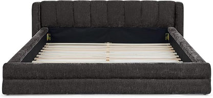 DEINPPA Queen Size Bed Frame with Cloud Soft Headboard, Chenille Upholstered Grounded Wood Base Bed Frame, No Box Spring Needed-Dark Grey