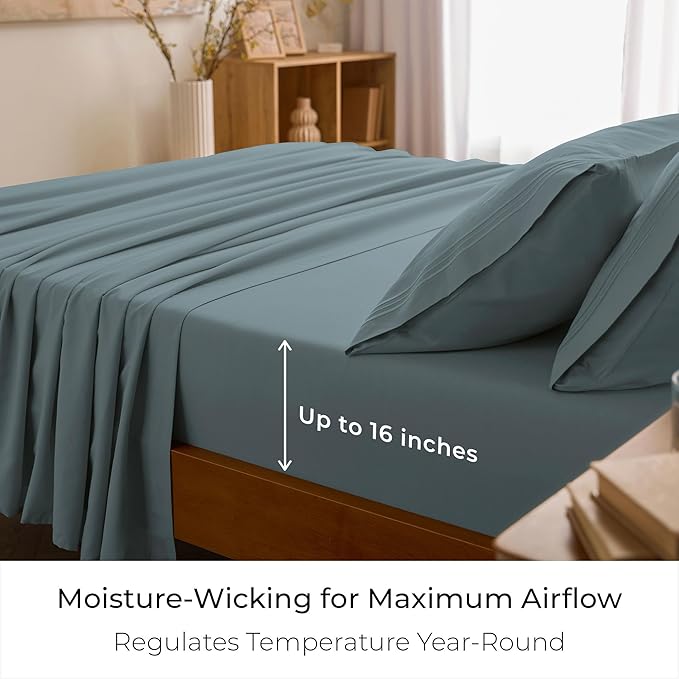 Mellanni Twin XL Sheet Set - 4-Piece Iconic Collection Bedding, (Including 2 Pillowcases), 16-Inch Deep Pocket, Easy Care, Extra Soft, Cooling Sheets, Brushed Microfiber - Spa Blue