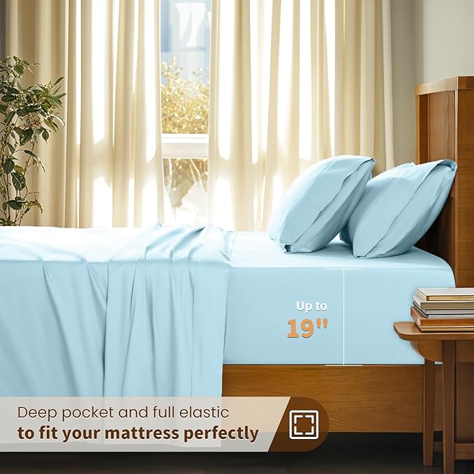 LBRO2M 100% Cotton Sheets Set Deep Pocket 19", 1000 Thread Count Full Size 4 Piece Bed Sheet Sets Soft Comfortable Bedding All Season (Full, Light Blue)