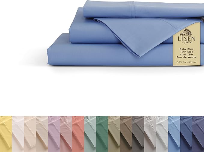 Linen Home 100% Cotton Percale Sheets Twin Size, Baby Blue, Deep Pocket, 3 Pieces Set - 1 Flat, 1 Deep Pocket Fitted Sheet and 1 Pillowcase, Crisp Cool and Strong Bed Linen