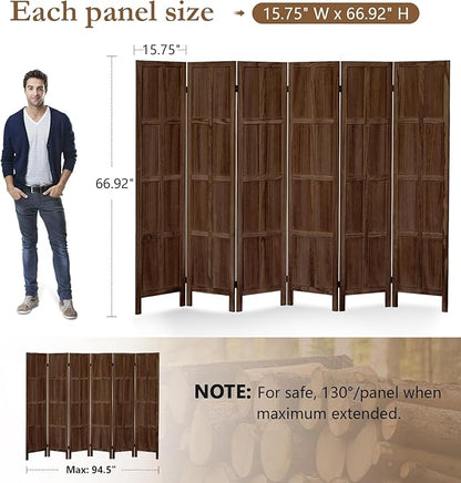 6 Panel Room Divider, 5.6Ft Wood Room Dividers and Folding Privacy Screens, Room Divider Wall Freestanding Room Partitions, Room Dividers Screen for Home Office Bedroom, Dark Brown
