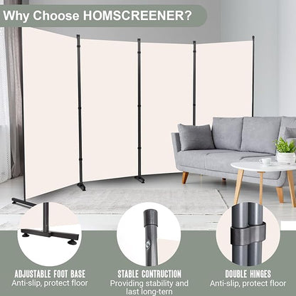 Room Divider Folding Privacy Screens with Wheels, 6FT Tall Divider for Room Separation, Movable Room Partitons and Dividers, Indoor Room Dividers Panel with Fabric (Beige, 4 Panel-136‘’-Round Pad)
