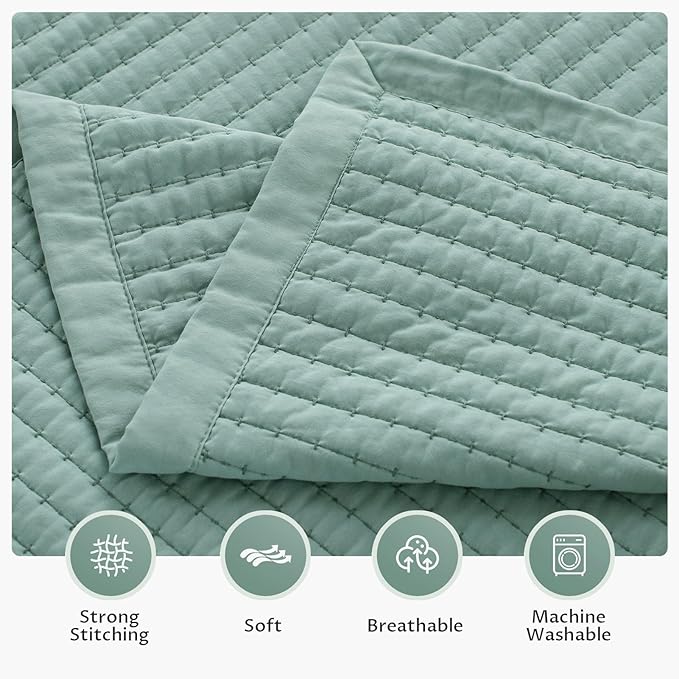 KASENTEX Queen Quilt Set 90"x90" – Soft Washed 3-Layer Lightweight Bedspread, Minimalist Nordic Design, All-Season Spring & Summer Quilt Set (1 Quilt + 2 Pillow Shams), Green