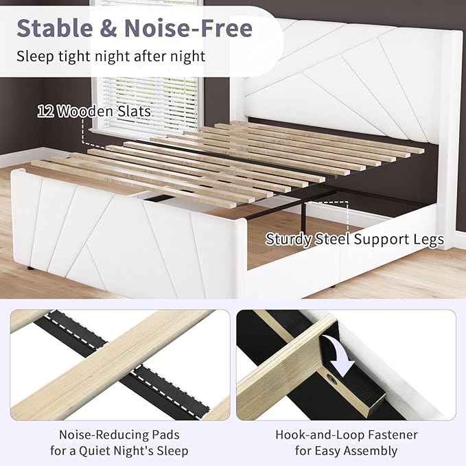BarnFurin Full Size Bed Frame, Velvet Upholstered Platform Bed with Geometric Tufted Headboard & Footboard, Wingback Design, Mattress Foundation with Wooden Slats, Cream White